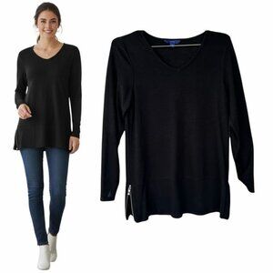 Women Knit Top APT 9 Sz XS Black Ruched Long Sleeve V-neck Shirt zip detail New